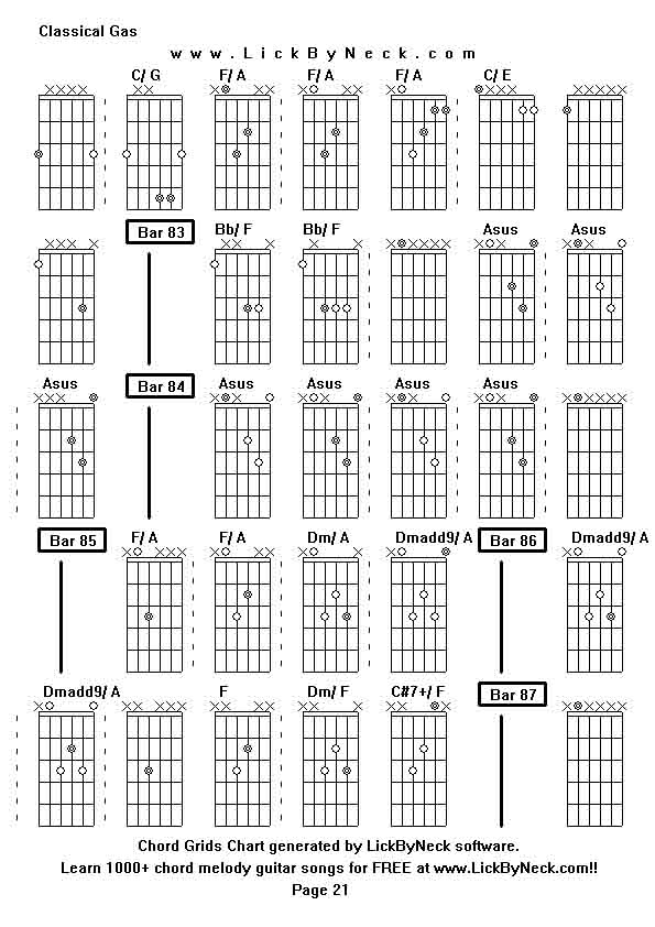 Chord Grids Chart of chord melody fingerstyle guitar song-Classical Gas,generated by LickByNeck software.